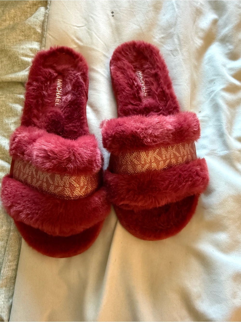 Michael Kors Burgundy Faux-Fur Logo Band Slide Slippers